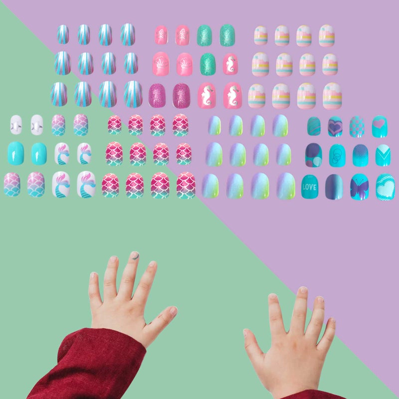 SIUSIO 120Pcs 5 Pack Children Acrylic Fake Nails Press on Pre-glue Full Cover Glitter Gradient Color Short False Nail Art Kits Sets Great Christmas Gift for Kids Little Girls - Mermaid Beach - Image 2